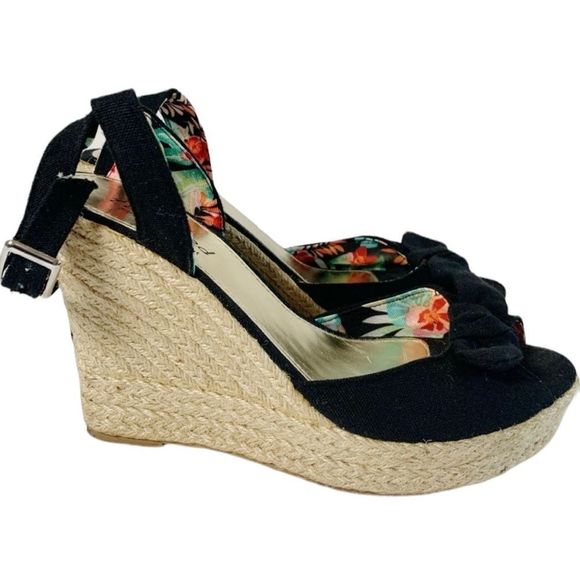 Black and Tan Ankle Wrap Heeled Platform Wedge Sandals Size 10 - Picture 1 of 6